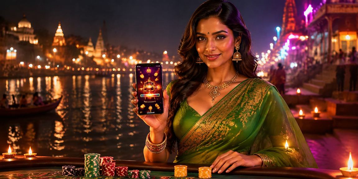 User logging in on mobile with Varanasi ghats background
